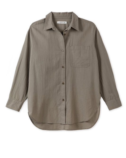 Taupe button-up shirt on a white background