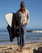 Person standing on a beach holding a surfboard, wearing a gray beanie and light jacket.