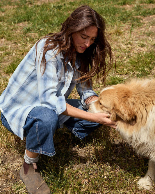 Woman petting a dog outdoors on a grassy field