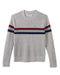 Gray sweater with colorful striped sleeves on a white background