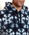 Shibori fleece hoodie close-up with hood and black drawstring cords