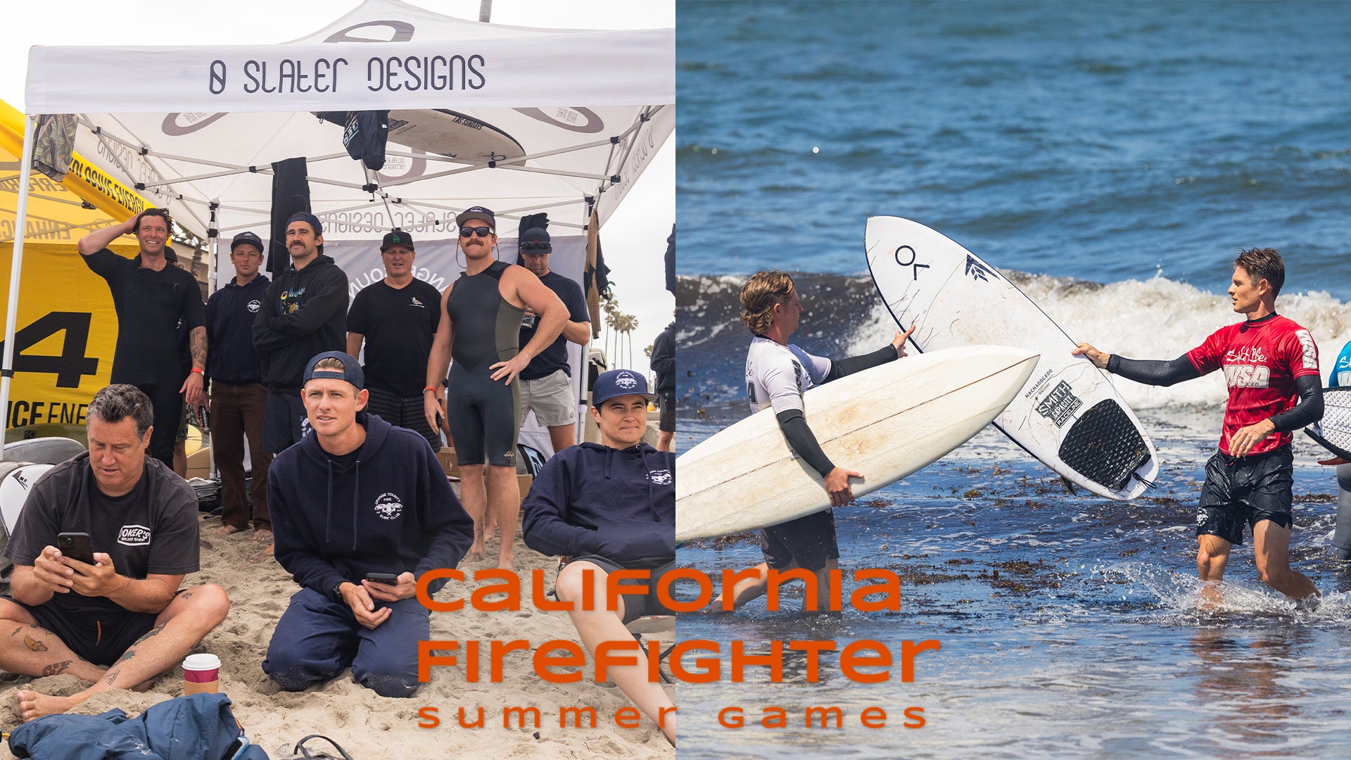 Two images: one of a group of people at an event with a banner, and another of a person with a surfboard in the water.