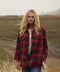 Red-and-black plaid shirt jacket with button front, stand collar, and chest pockets