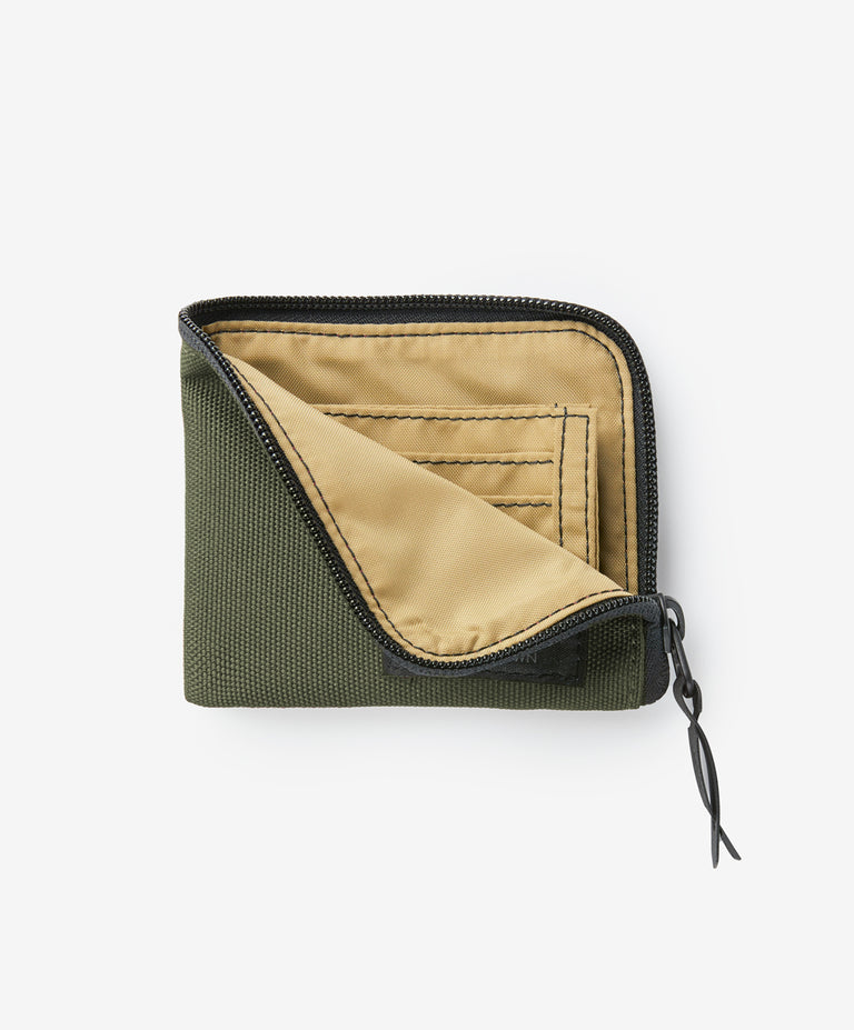 Check and Leather Zip Card Case in Olive Green - Women